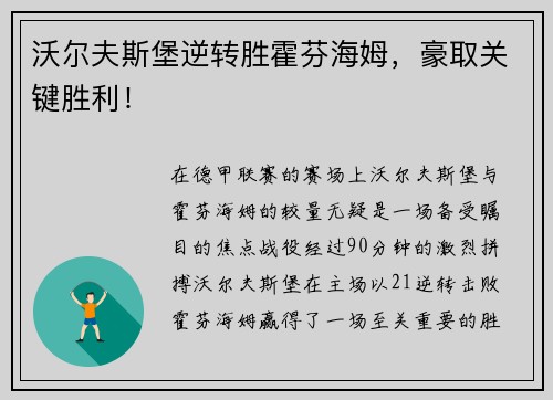沃尔夫斯堡逆转胜霍芬海姆，豪取关键胜利！